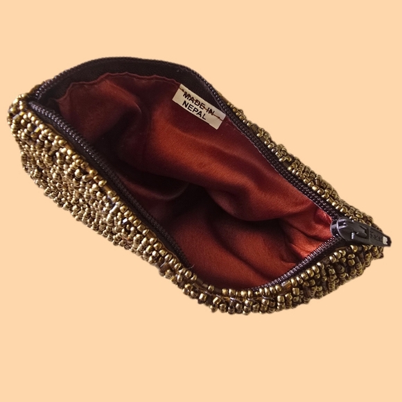 Brand New Gold Bronze Beaded Lined Mini Wallet Change Purse Great Gift! - Picture 2 of 2